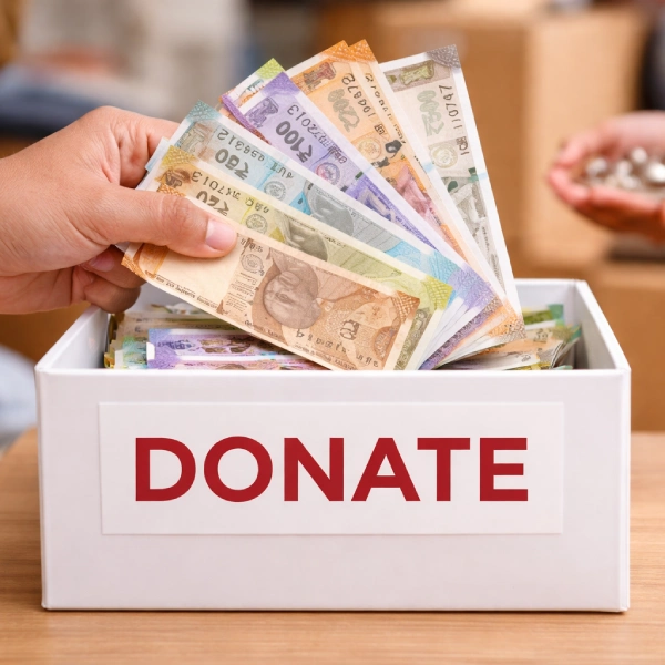 Hand placing money into a donation box labeled donate for charity support