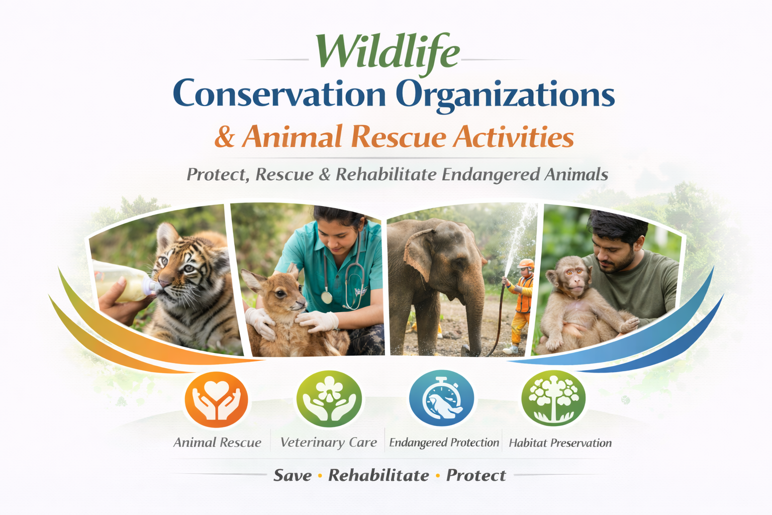 Wildlife conservation and animal rescue activities including veterinary care, endangered species protection and habitat preservation